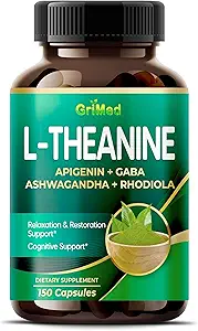 GriMed L-Theanine 11 900mg-X10 配有 Apigenin, GABA Ashwagandha, Rhodiola - 放松与恢复焦点与记忆 - 在美国制造(150个计数(一包))