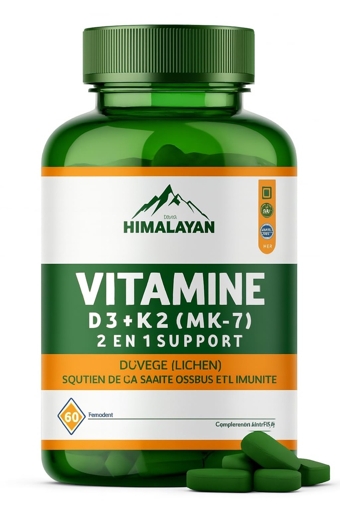 Divya Himalayan Plant Based Vitamin D3 K2 Supplement Support Bone & Heart Health Vitamin D3 & 90 mcg Vitamin K2 for Immune Support & Calcium Absorption - 60 Tablets 5000 IU