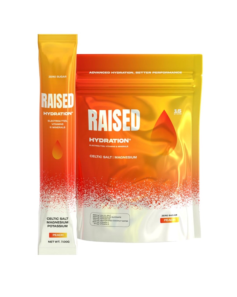 Raised Hydration+ Electrolyte Drink Mix | Zero Sugar | Magnesium Glycinate, Vitamin C & D | Daily Hydration Powder for Energy, Focus & Recovery | 15 Stick Packs | Peach Flavor