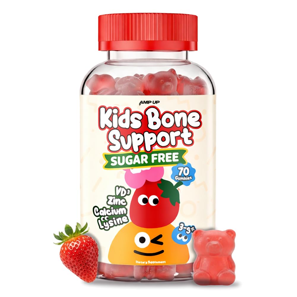 AmpUp Sugar Free Growth Supplement for Kids & Teens - Vitamin D, Calcium, L-lysine & Zinc, Bone Support, Height Growth, Tall Nutrition, Picky Eater, Taller, Natural Strawberry Flavor, 70 Count