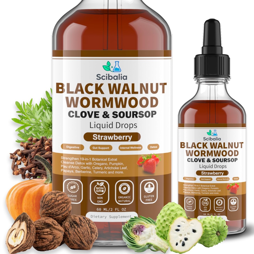 Wormwood Black Walnut Clove Cleanse for Human Drops, 19-in-1 Triple-Action Gut Detox & Digestive Wellness Organic Wormwood Tincture w. Soursop Pumpkin Garlic Oil of Oregano, Vegan