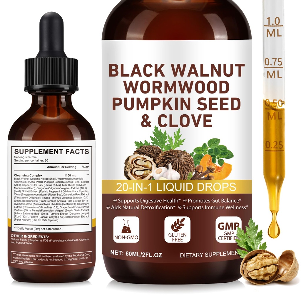 Wormwood Black Walnut Drops for Humans–Herbal Digestive Balance Liquid Tincture with Clove, Garlic, Pumpkin Seed, Oregano&Turmeric–Fast Absorption Gut Comfort&Daily Wellness Support, Raspberry Flavor