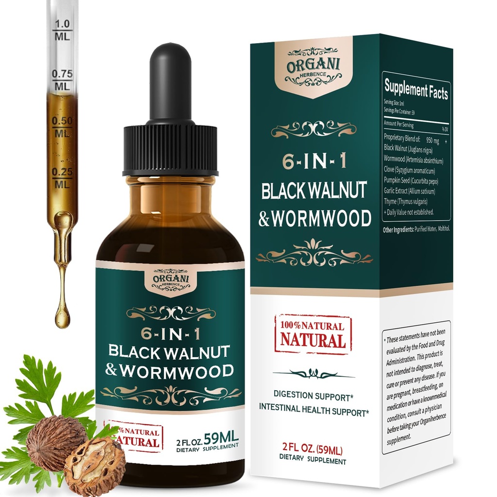 Black Walnut & Wormwood Extract Liquid Drops for Digestive Support, Natural Herbal Supplement Promote Intestinal Health with Clove Garlic Thyme Extracts, 6-in-1 Herbal Formula. 2oz