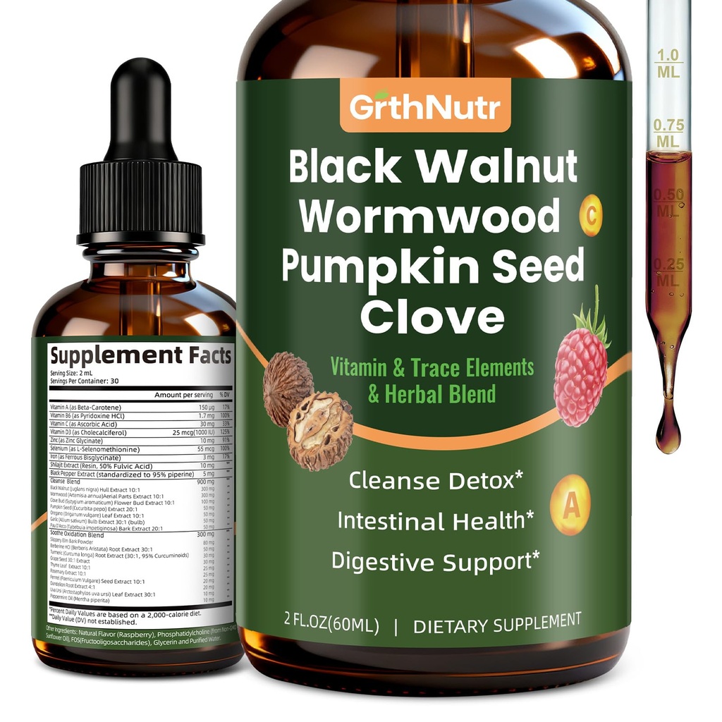 Black Walnut Wormwood Clove Tinture Cleanse for Humans - Gut Detox & Intestinal Health Digestive Support with Pumpkin, Oregano, Garlic Bulb, PAU D’Arco - Non-GMO, High Absorption, 2 Fl OZ