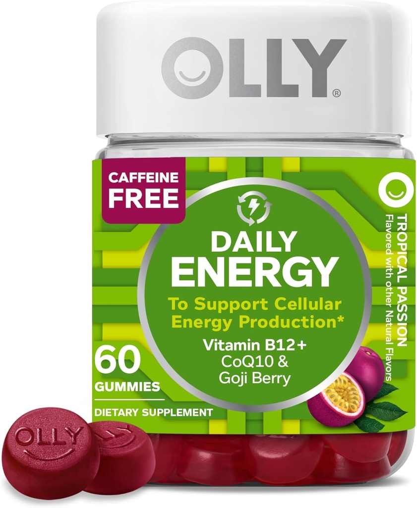 OLLY Daily Energy Gummy, Cafeine Free, 维生素B12, CoQ10, Goji Berry, 成人厨师补充品, 热带火焰 - 60 Counter