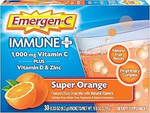 Emergen-C Immune+1000mg 维生素C 粉末,配有维生素D,锌,抗氧化剂和电解剂豁免,免疫辅助饮食补充,超级橙色Flavor - 30 Count/1个月供应.