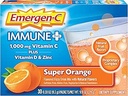 Emergen-C Immune+1000mg 维生素C 粉末,配有维生素D,锌,抗氧化剂和电解剂豁免,免疫辅助饮食补充,超级橙色Flavor - 30 Count/1个月供应.
