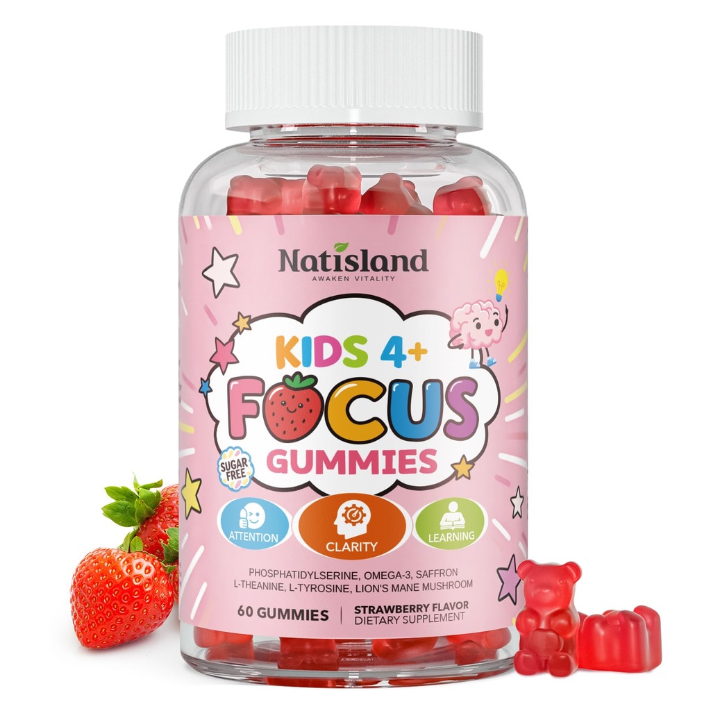Focus Gummies for Kids, Brain Supplements with Phosphatidylserine, Omega-3 & Saffron, for Kids Memory, Focus & Attention Support, Sugar Free, Vegan, Strawberry Flavor, 60 Chewable