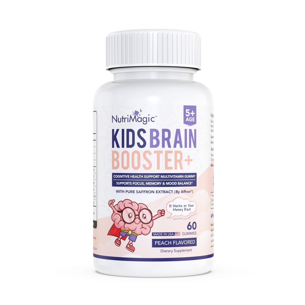NutriMagic Kids Brain Booster+ Affron® Saffron Extract, 2IN1 Cognitive Support & Multivitamin D3, B6, B12, Zinc Gummies Supplement, Supports Focus, Attention, Memory, Mood Balance - 60 Peach Gummies