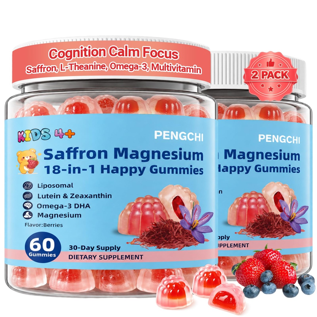 Saffron Gummies kids +Magnesium Glycinate +Omega-3 - Calm Focus Gummies for Kids 4+, saffron for kid with L-Theanine, Holy Basil, Rosemary, B6, D3 for Happy Mood, Cognition, ZZz, Sugar Free, 2 Pack