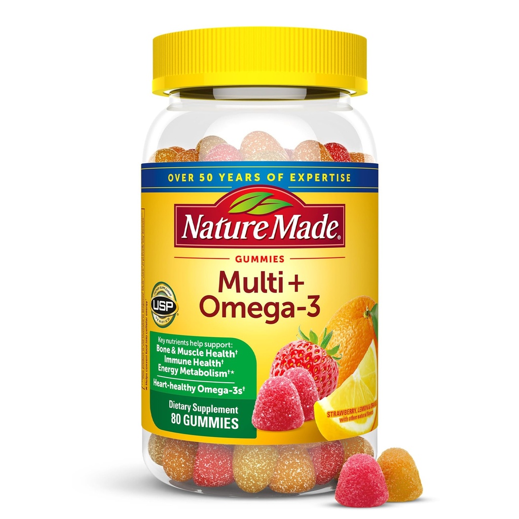 自然制造多维他明 + Omega-3,男女多维他明 Gummys,每日营养支持,80种成人Gummy维生素和矿物,40天供应