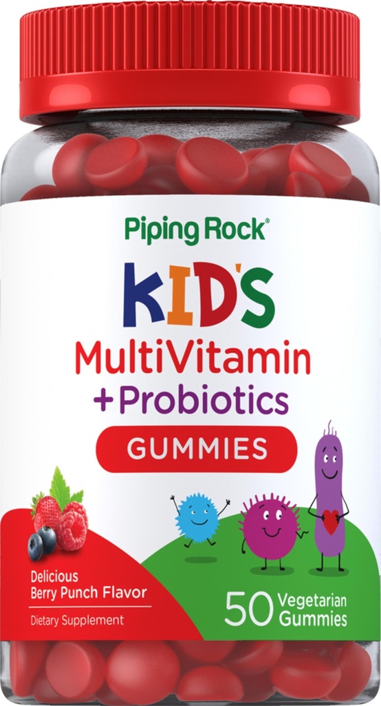 Piping Rock Kid's Multivitamin and Probiotic | 50 Gummies | Berry Punch Flavor | Vegetarian, Non-GMO, Gluten Free Children's Supplement