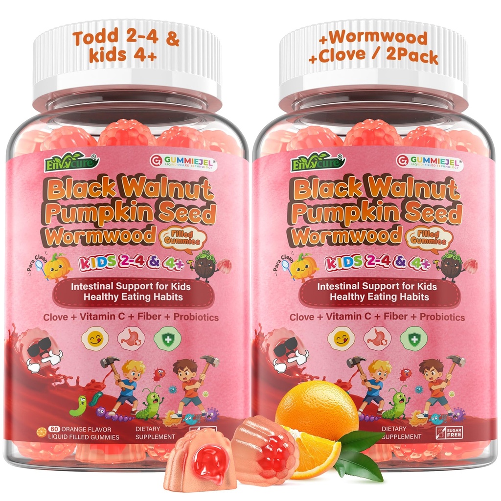 Toddler 2-4 & Kids 4+ Para Clean Gut Health Gummies w/Black Walnut, Wormwood, Clove, Pumpkin Seeds, Vitamin C, D3, Zinc, Digestive Supplement for Natural Gut Cleanse, Kids Immune Support (120cts)