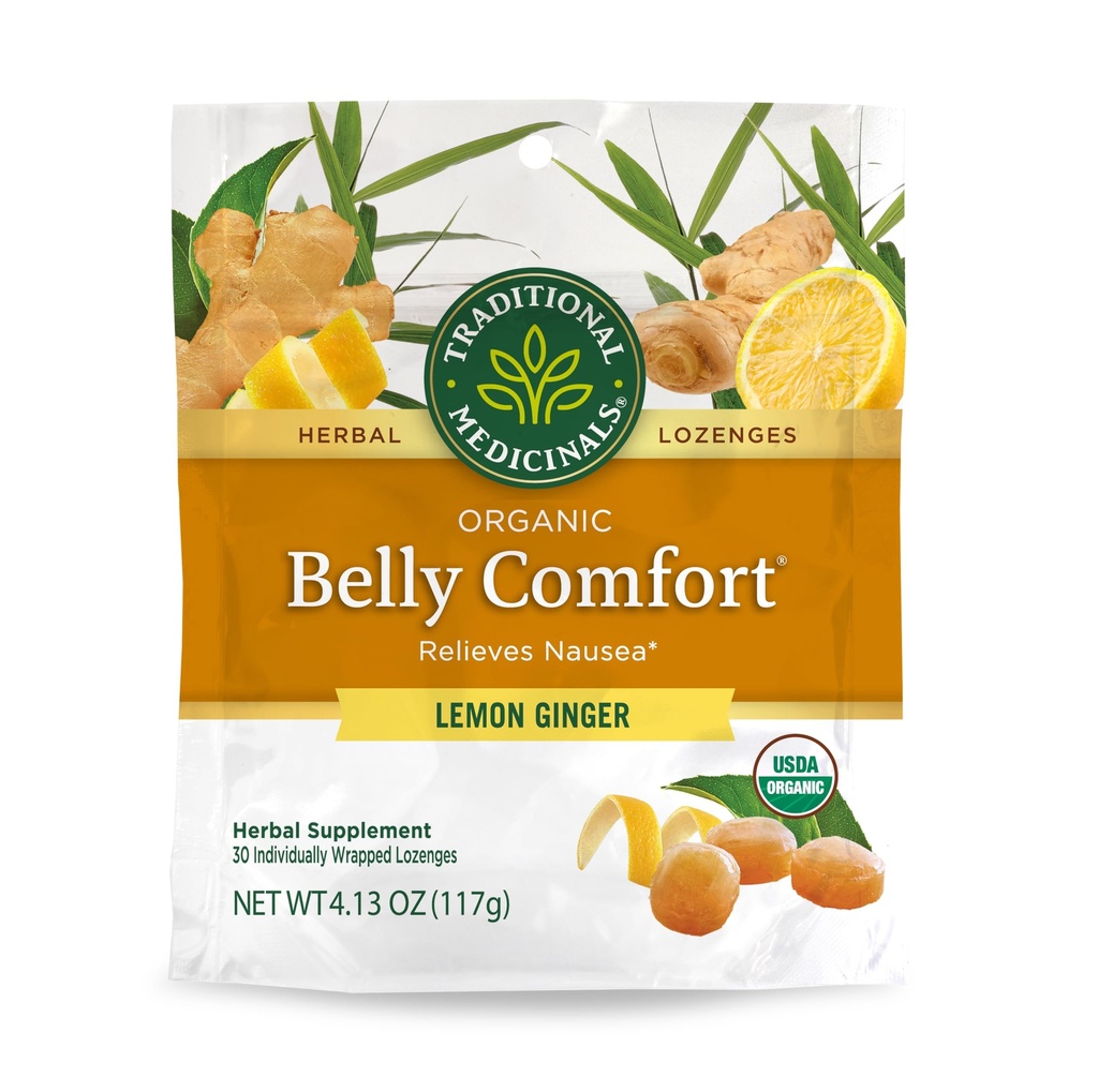传统药材 有机贝利慰藉 Lozenges 柠檬干姜 Relieves Nausea 30 个人包装 Lozenges