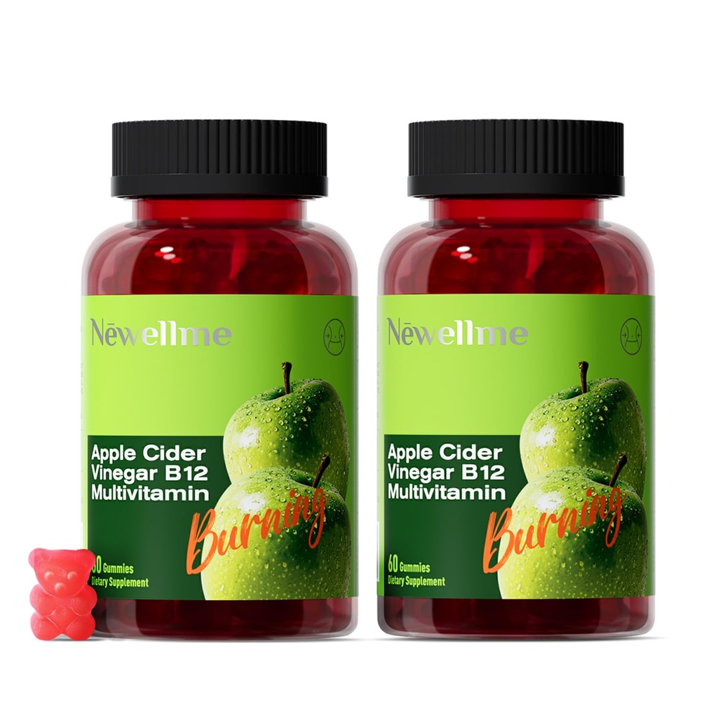 NEWELLME Sugar-Free Apple Cider Vinegar Gummies 1000mg ACV with The Mother + Vitamin B12 for Gut Health, Bloating Relief & Metabolism, Vegan Keto Gluten-Free, 120 Counts (Pack of 2)