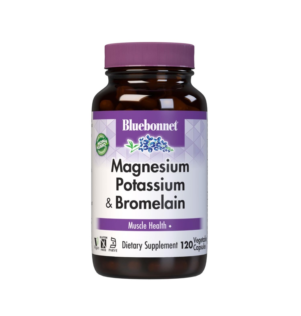 Bluebonnet Magnesium Potassium Supplement Plus Bromelain for Muscle Health Support - Daily Magnesium Complex for Women & Men - Non-GMO, Vegan, Gluten-Free - 120 Vegetarian Capsules (60 Servings)