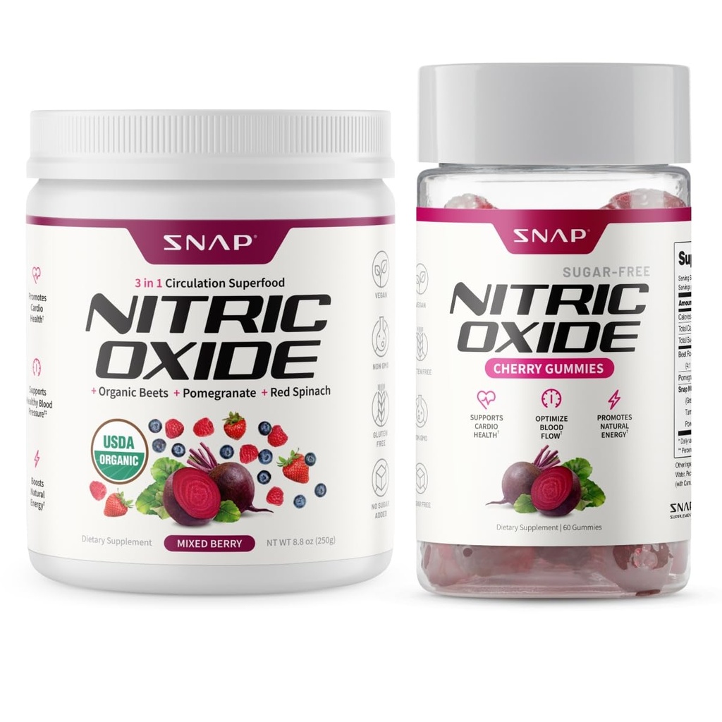 Snap Supplements Organic Beet Root Nitric Oxide Powder + Nitric Oxide Beet Root Gummies Bundle, 30 Servings Mixed Berry Powder + 60 Cherry Gummies