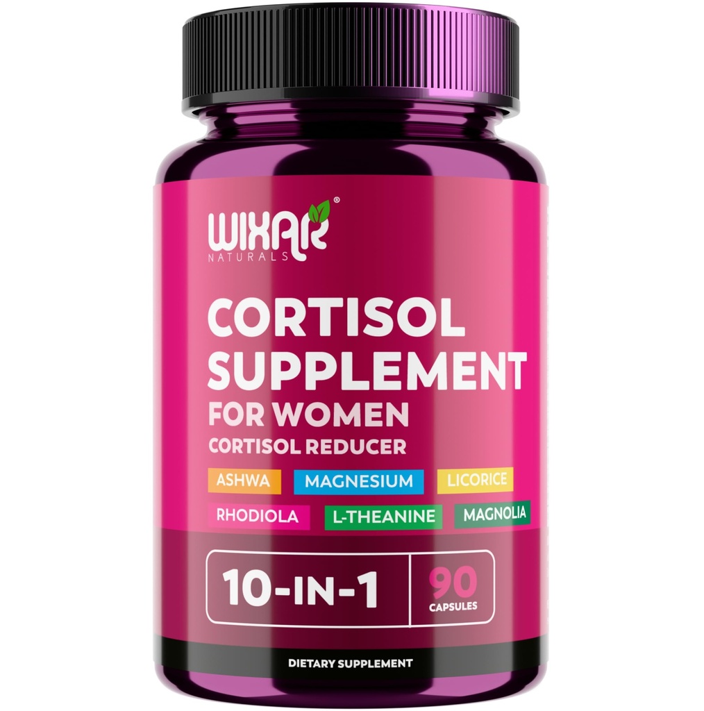 WIXAR Cortisol Supplements for Women with Ashwagandha, Magnesium, L-Theanine, Rhodiola Rosea - for High Cortisol Balanace Manager - for Sleep Support, Mood & Focus Supplement - 90 Capsules