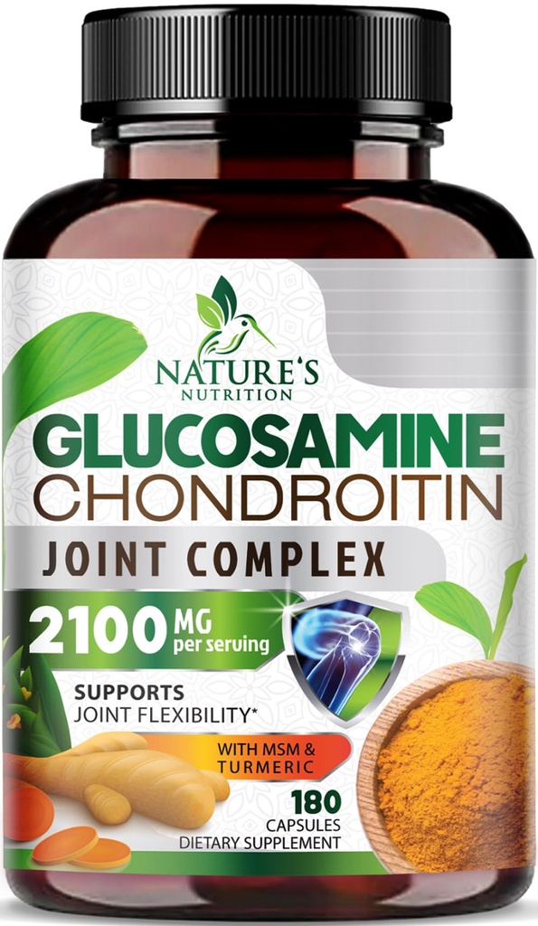 Glucosamine Chondroitin MSM 2100mg Complex - 与Turmeric & Boswellia,三强Glucosamine Supplements - 180 Capsules联合流动和男女舒适联合支助补编