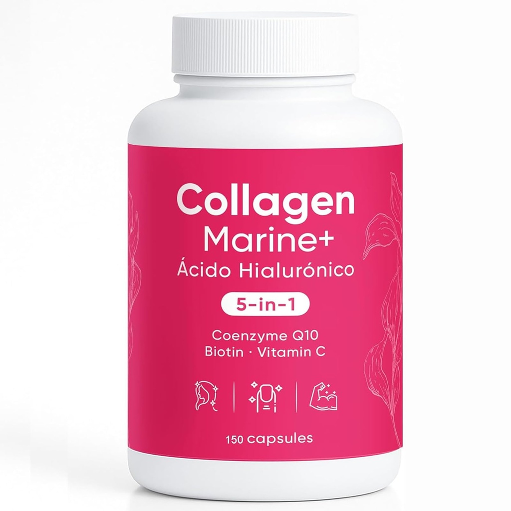 Hydrolyzed Marine Collagen + Hyaluronic Acid Formula – 5-in-1 Beauty & Wellness Blend with CoQ10, Biotin & Vitamin C – Vegan Friendly, Non-GMO, 150 Capsules