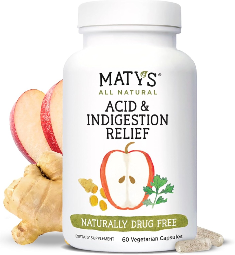 Matys Acid & Indigional Relief Capsules, 偶然酸退和心脏灼伤的安全安非他明替代品, 用苹果苹果苹果醋醋、大豆和葡萄糖 自由蔬菜 Capsules, 60 Counter, 30 services