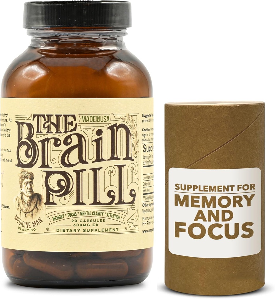 Brain Pill 90 Capsules – 有机脑促进剂补充剂 – Brain w/Ginkgo Biloba Capsules的记忆药丸 狮子的玛恩和圣贤 – 脑促进剂补充剂 聚焦,记忆,清晰,能源