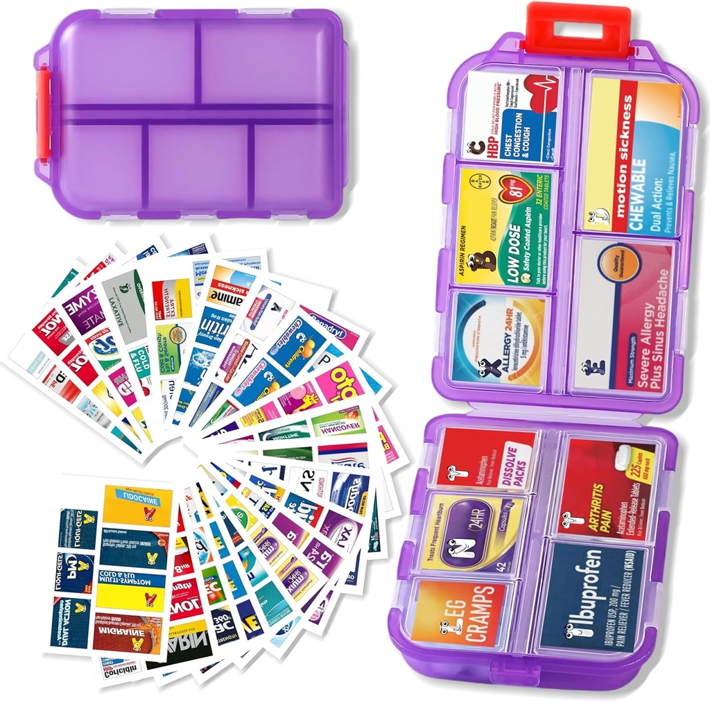 Pill Organizer with Medicine Labels Travel Daily Pill Container Mini Medication Organizer Storage Pill Organizer Travel Essentials Pill Case 7 Day (Purple& 161 Lables)