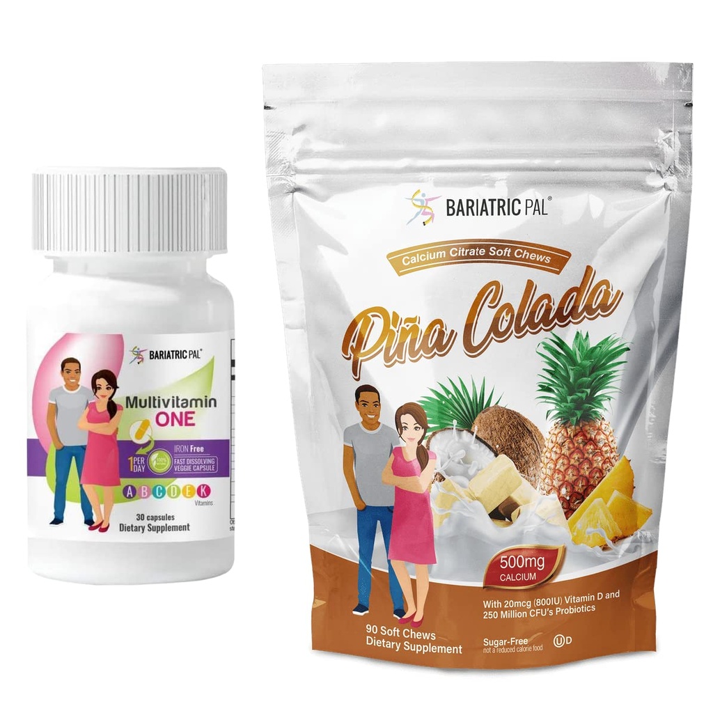 BariatricPal 30-Day Bariatric Vitamin Bundle (Multivitamin ONE 1 per Day! Iron-Free Capsule and Calcium Citrate Soft Chews 500mg with Probiotics - Piña Colada)