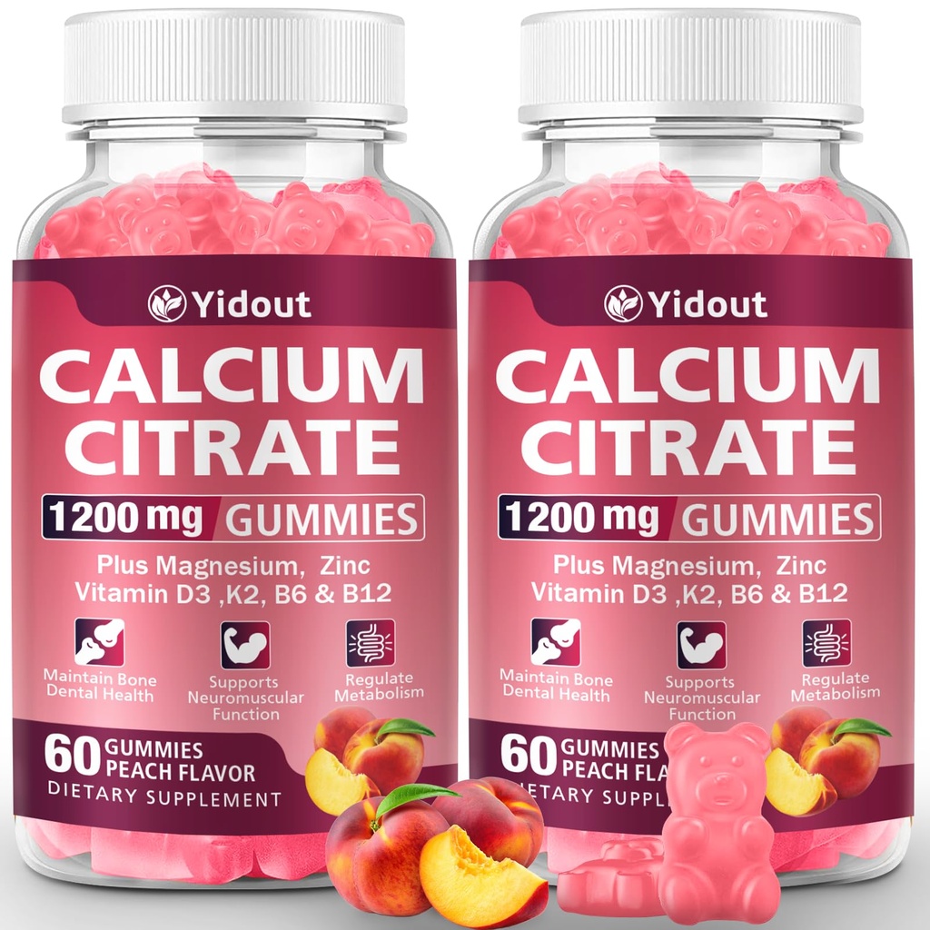 Calcium Citrate Gummies 1200mg for Maintain Bone/Dental Health, Supports Muscle & Immune，Ultimate Absorption Calcium Supplement for Adults，Peach Flavor (60 Count（Pack of 2）)