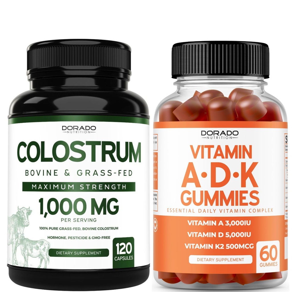 Colostrum(120个伯爵) Bovine Colostrum Capsules 成人和ADK维生素 D3(60个古米) D & K - 10 Vegan 补充 - 美味的Raspberry Flavor - 非转基因生物 第三方接受检验----美国制造
