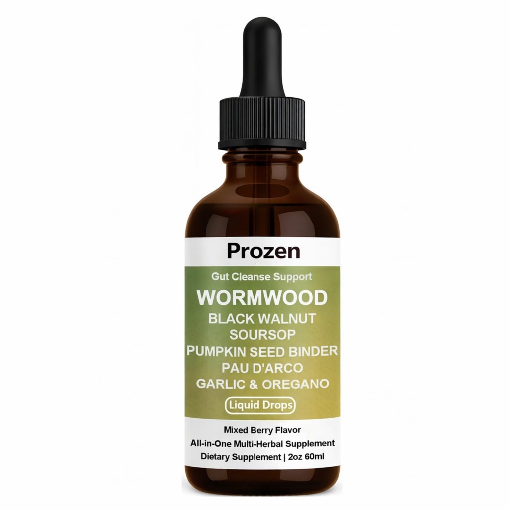 Prozen Wormwood Gut Cleanse Liquid Drops, Wormwood Black Walnut Clove Gut Cleanser for Adults with Soursop, Pumpkin Seed, PAU D'Arco, Garlic Oregano, Boosts Energy, Gut Health & Absorption, 2Oz (1)