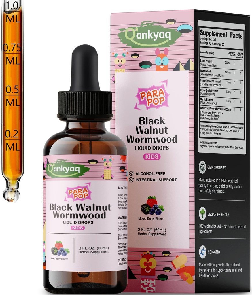 Q'ankyaq Black Walnut Wormwood Liquid for Kids, Gut Cleanse for Children Drops, Natural Detox Support, Gut & Immune Support with Cloves, Garlic, Pumpkin Seeds, Kid-Friendly, Gentle & Natural & Sweet
