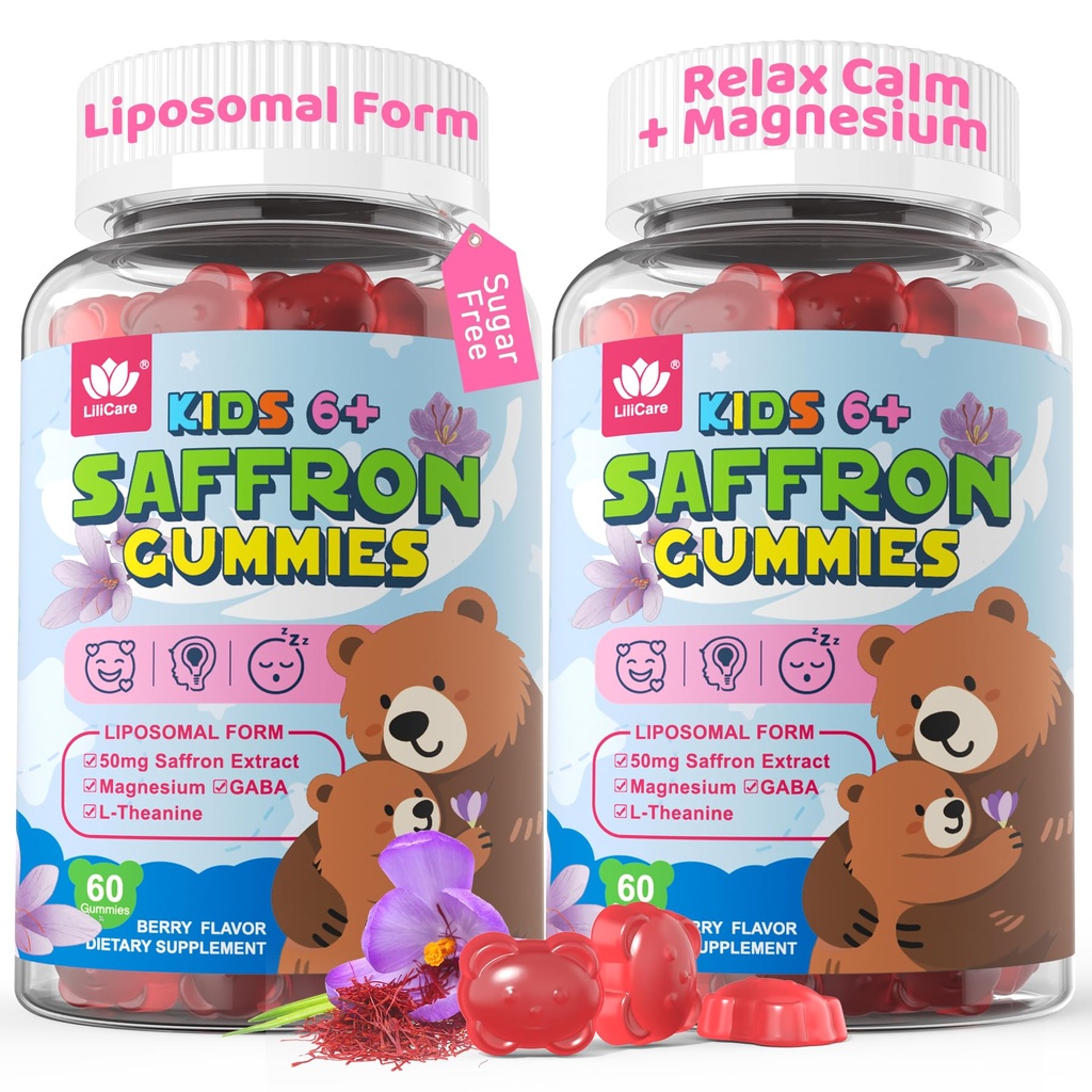 Saffron Magnesium Glycinate Gummies for Kids Mood Relax Sleep Gummies, Liposomal Saffron for Kids Gummies, Organic Saffron Extract Supplements w/ L-Theanine & GABA for Focus Calm - No Melatonin, 120Ct