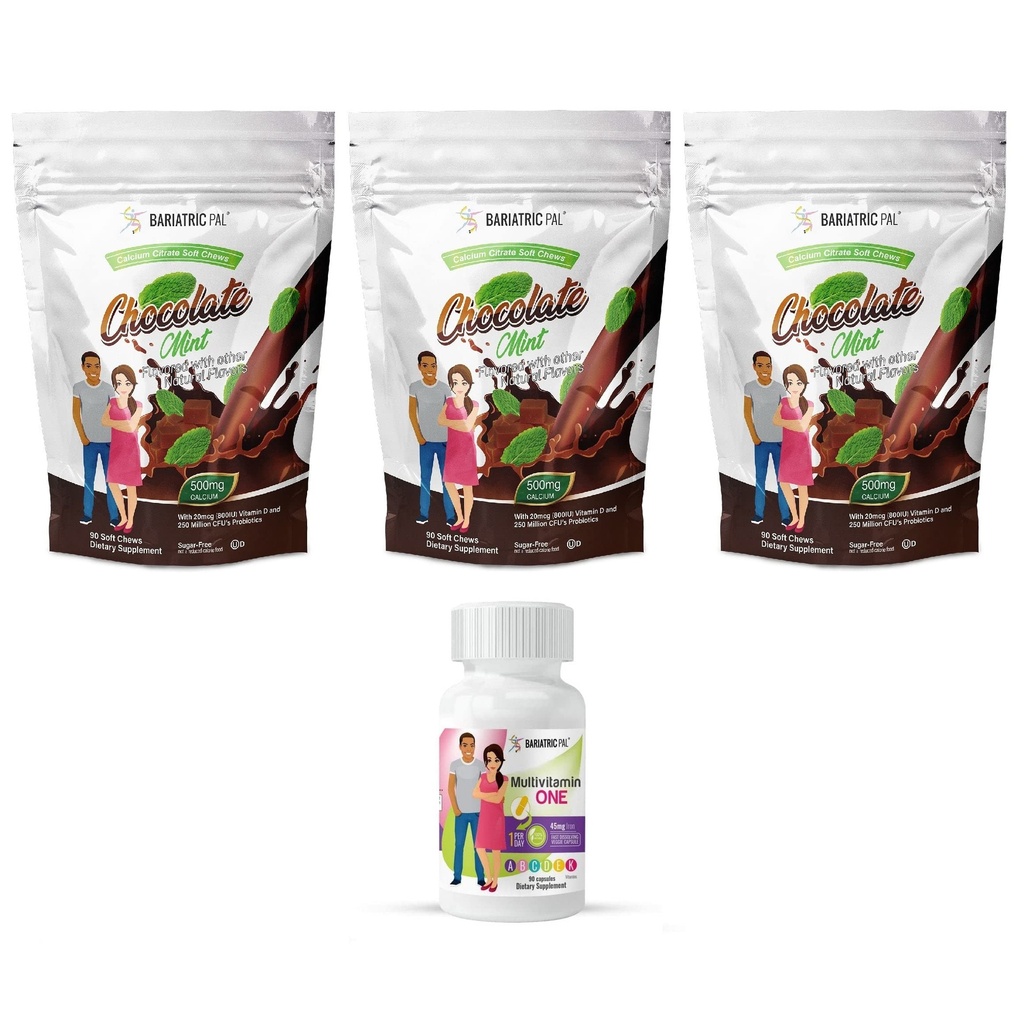 BariatricPal 90天Bariatric Vitamin Bundle(多维他命一日一号)! 装有45mg铁和钙的盖子 Citrate Soft Chews 500mg 配有Probiot-巧克力薄荷)