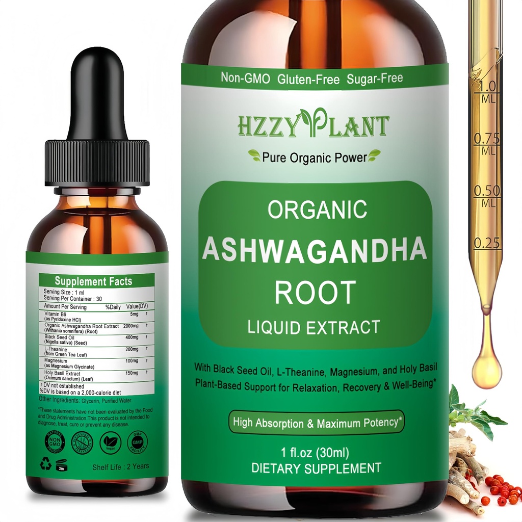 Organic Ashwagandha Drops,High Absorption Ashwagandha Extract Tincture for Stress Relief,Relaxation,Cortisol Support,Ashwagandha for Women & Men with Magnesium,L Theanine,Black Seed Oil,Vegan,Non-GMO
