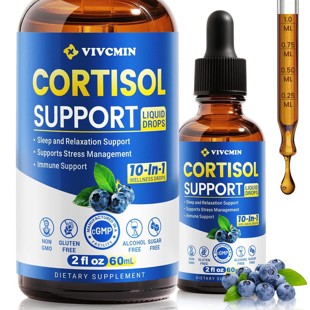 vivcmin 10 in 1 Cortisol Supplements for Women & Men, Cortisol Reducer with Ashwagandha, Magnesium, L-Theanine, Hormone Balance Drops - Sleep & Mood Support, 2 Fl Oz, Blueberry Flavor