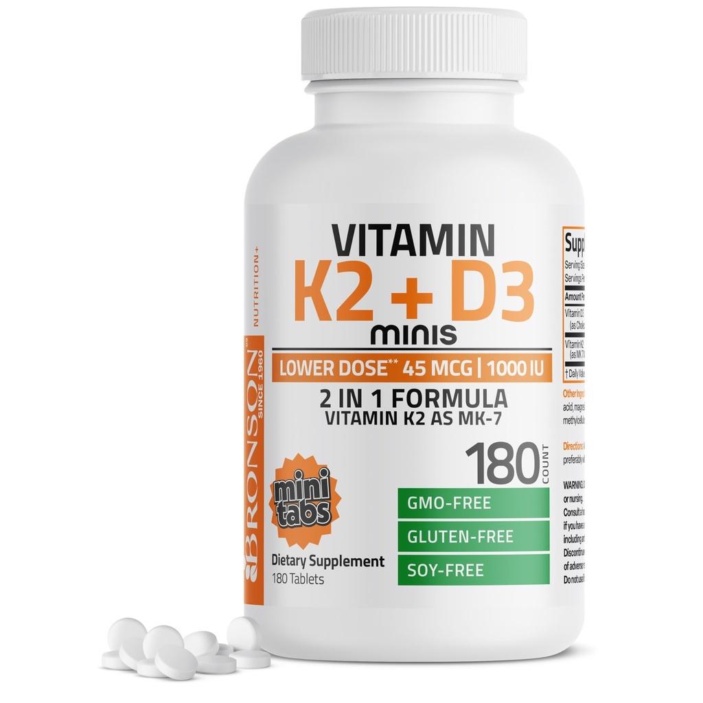Bronson Vitamin K2 (MK7) with D3 Lower Dose 45mcg Vitamin K2 & 1000 IU Vitamin D3 Easy to Swallow Daily Maintenance 2 in 1 Formula Non-GMO, 180 Mini Tablets