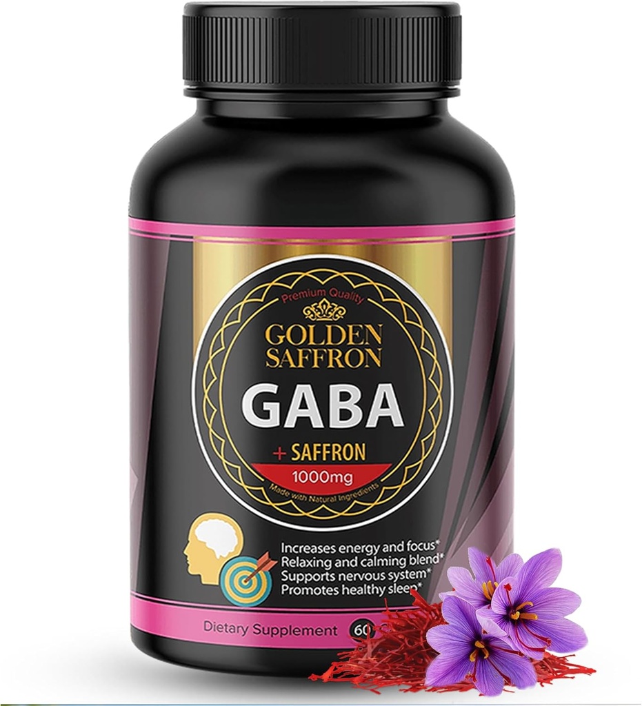 GOLDEN SAFFRON - GABA + Saffron 提取补编 - 促进放松、安眠和木质支持的独特和强大的非GMO补编 - 在美国制造,没有添加糖
