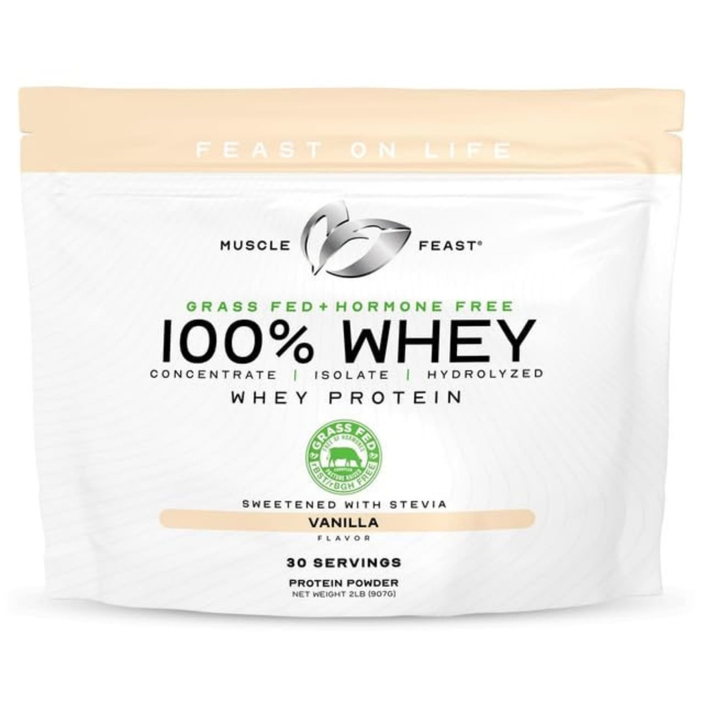 Muscle Feast 100% Grass Fed Whey Protein Powder, All Natural, Hormone Free Paure Raised Whey Protein Powder for Women & Men - Whey Concentrate, Isolate & Hydrolyzed Protein Powder Blend - Vanilla, 2lb