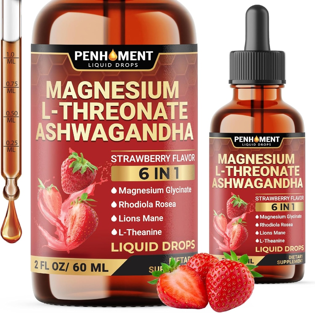 6in1 硫酸镁 L-硫酸甘油液滴 与 Ashwagandha, 甘油镁和 3 更多 - 大脑支持和免疫 - 2 Fl Oz 30天 - 草莓火焰