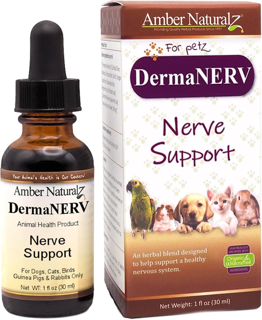 Amber NaturalZ DermaNERV 对狗、猫、鸟、兔和几内亚猪的草药补充 |支持中央神经系统健康与平衡行为 |健康神经功能的自然援助
