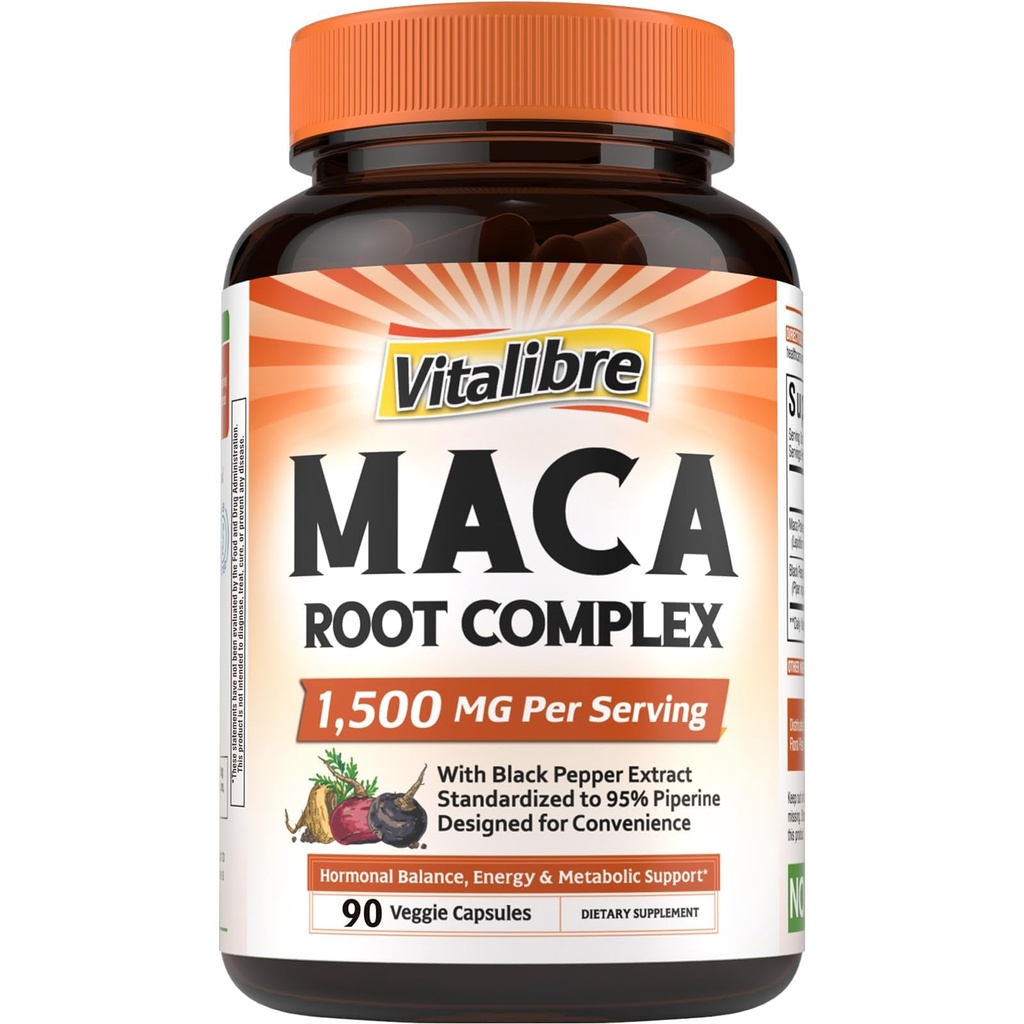 Vitalibre Maca Root Capsules for Women & Men, 1500 mg Maca Root Per Serving, with Black Pepper for Max Absorption, 95% Piperine, Vitality, Mood, Metabolic Support, 90 Capsules