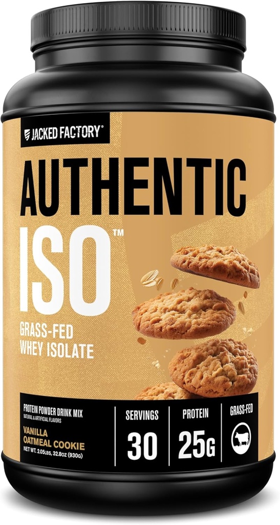 Jacked Factory Factory ISO Grass Fed Whey 蛋白质隔离粉 - 低碳化物,非GMO 肌肉建筑 蛋白质w/无填料,工作后恢复,香草 Oatmeal Cookie