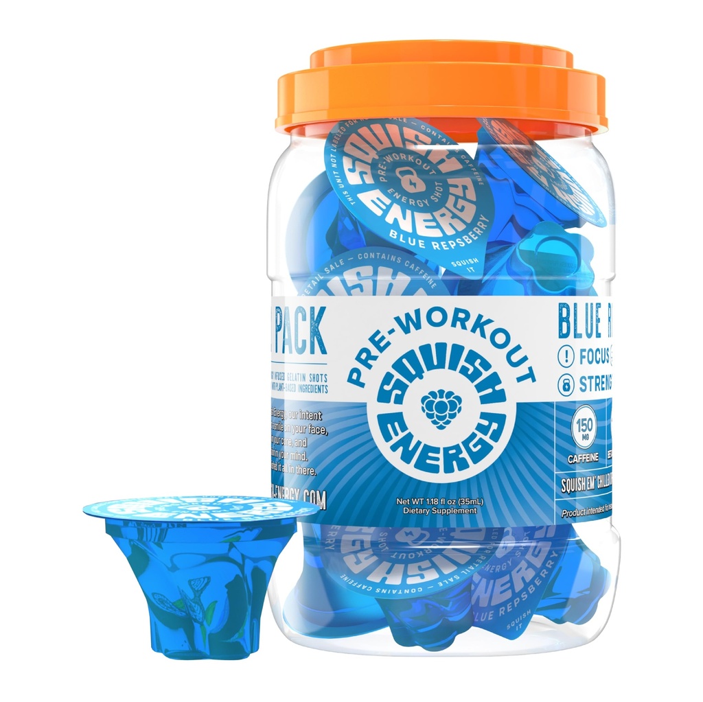 Squish Energy Pre-Workout Shots – Great-Tasting Blue Raspberry Energy Jelly with Caffeine, Beta-Alanine & Citrulline – Clean, Fast Energy Easy to Take & Carry, No Mixing, Just Pop & Go – 12 Count