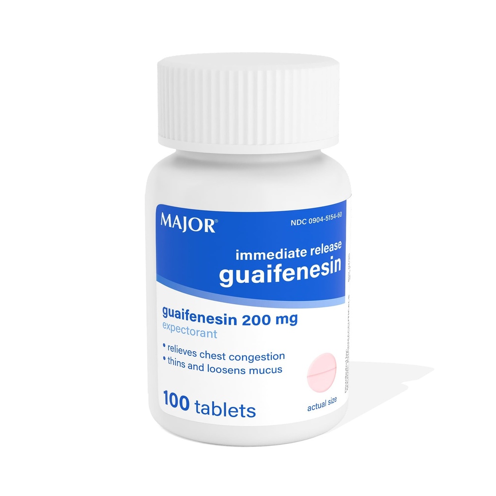主要即时释放 Guaifensin - 胸腔摄入、薄膜和Loosens Mucus - 200毫克 - 100片