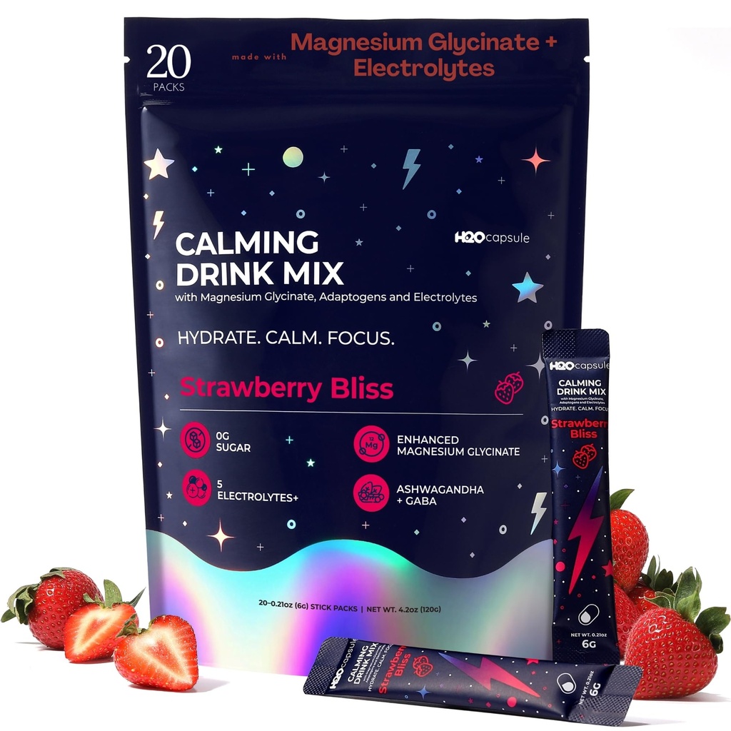 Calm Magnesium Glycinate Powdered Drink Mix with Electrolytes –Sugar Free with Ashwagandha, L-Theanine, Vitamin B6 &GABA – Cortisol Support, Stress Relief, Hydration & Focus - 20 servings (Strawberry)