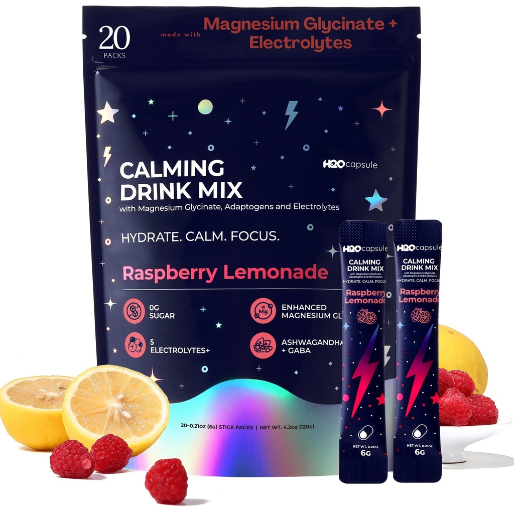 Calm Magnesium Glycinate Powdered Drink Mix with Electrolytes – Sugar Free with Ashwagandha, L-Theanine, Vitamin B 6&GABA – Cortisol Support, Stress Relief, Hydration & Focus - 20 servings (Raspberry)