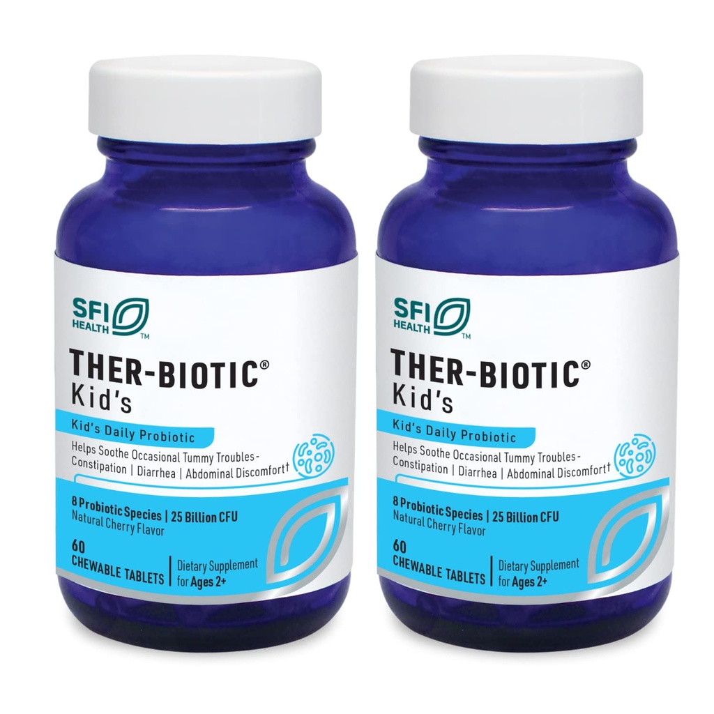 Klaire Labs SFI Health Ther-Biotic Kids Chewable Probiotic - GI Health + Immune Support for Kids - Chewable 25b CFU Lactobacillus + Bifidobacterium - Hypoallergenic, Dairy-Free (60 Tablets / 2 Pack)