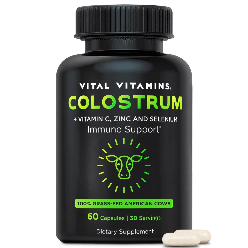 维生素Colostrum补充剂-维生素C、锌、硒-从第一次牛奶-标准化到含有10%的IgG免疫球蛋白-草根美国牛-60卡普尔