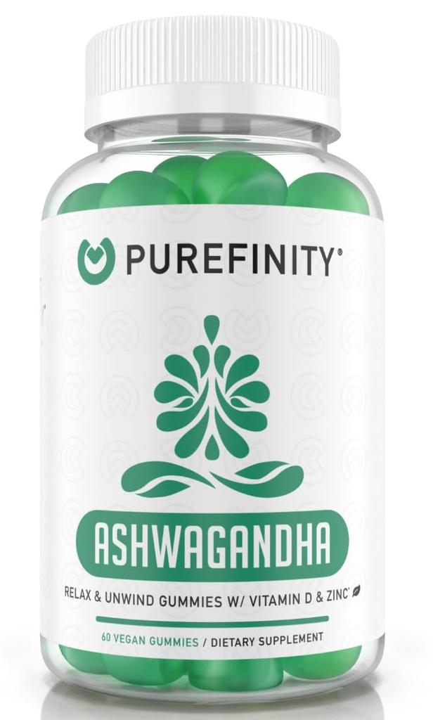Ashwagandha Gummys配有维生素D & Zinc – 放松、冷静和木质支持的补编 — Gluten Free, Non-GMO, Vegan, 60 Counter